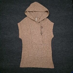 Free People Womens Large Brown Knit Short Sleeve Hooded Pullover Sweater V-Neck
